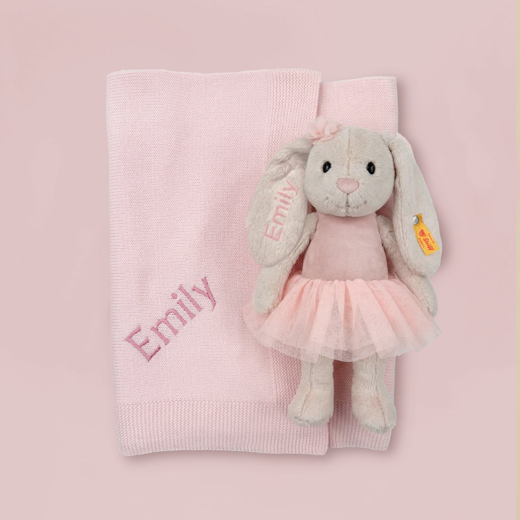 Personalised Steiff Hoppie Ballet Rabbit and Knitted Blanket Baby Gift Set