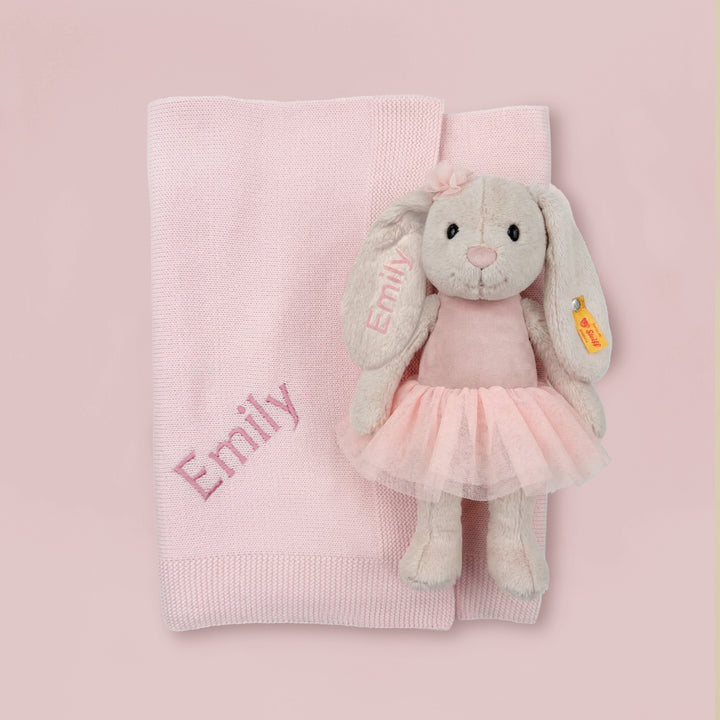 Personalised Steiff Hoppie Ballet Rabbit and Knitted Blanket Baby Gift Set
