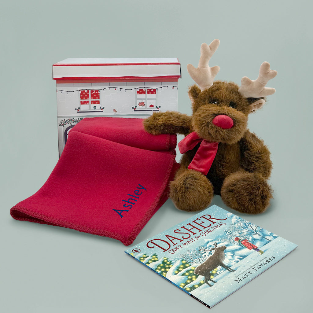 Reindeer Soft Toy and Book with Personalised Fleece Blanket Christmas Toddler Gift