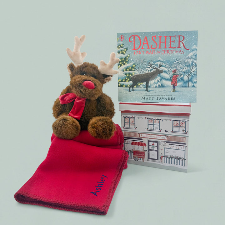 Reindeer Soft Toy with Book and Personalised Fleece Blanket Christmas Gift Set