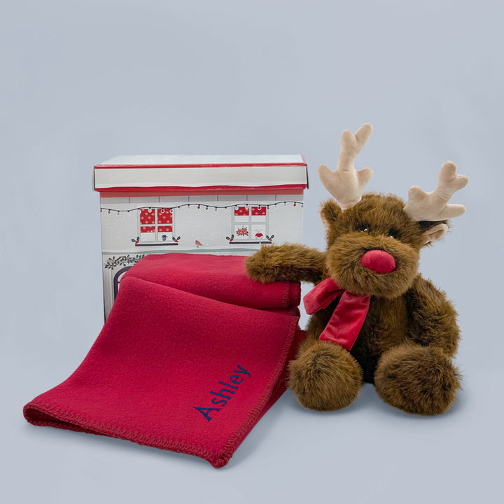 Personalised Fleece Blanket with Reindeer Soft Toy