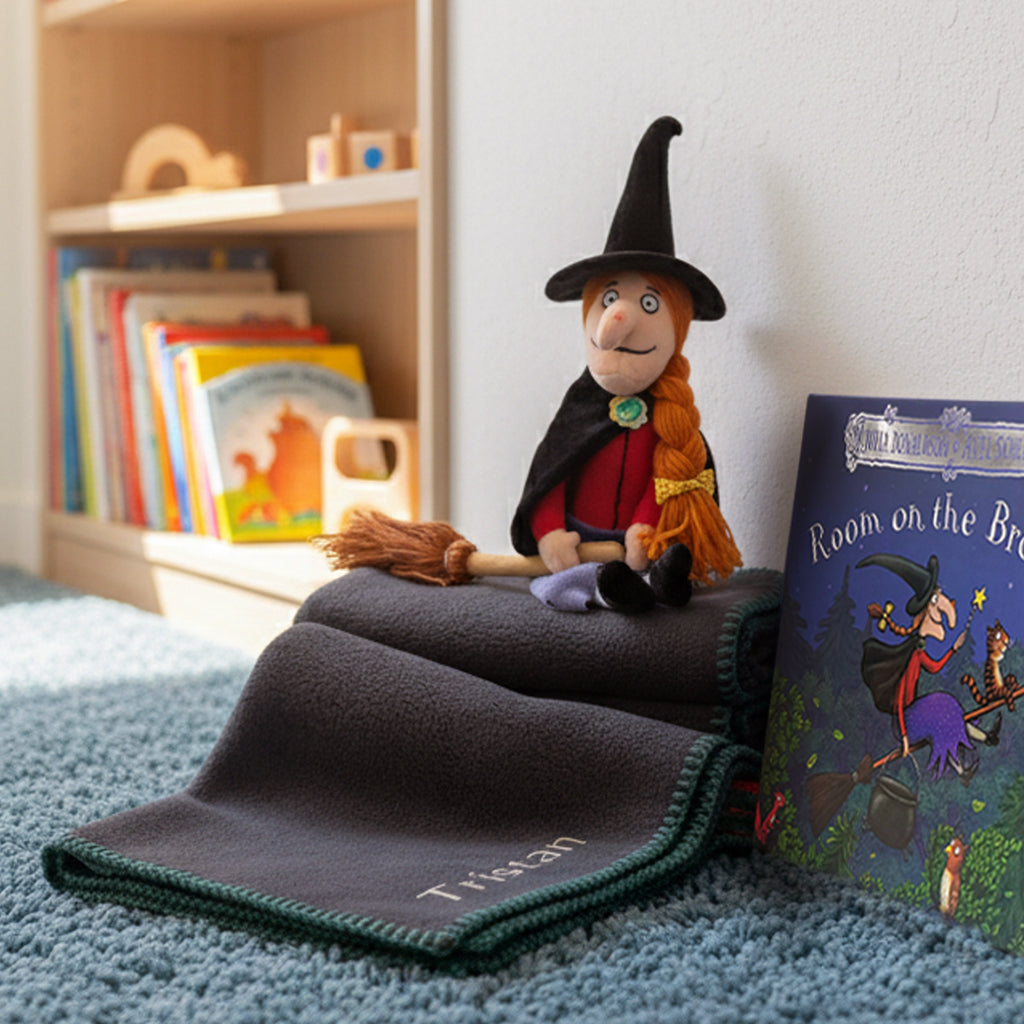 Personalised Room on the Broom Toddler Gift Set with Fleece Blanket, Book and Soft Toy