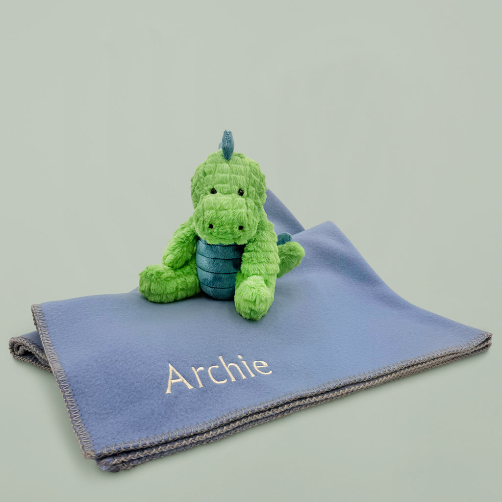 Steiff Dinosaur Soft Toy with Personalised Blue Fleece Blanket 