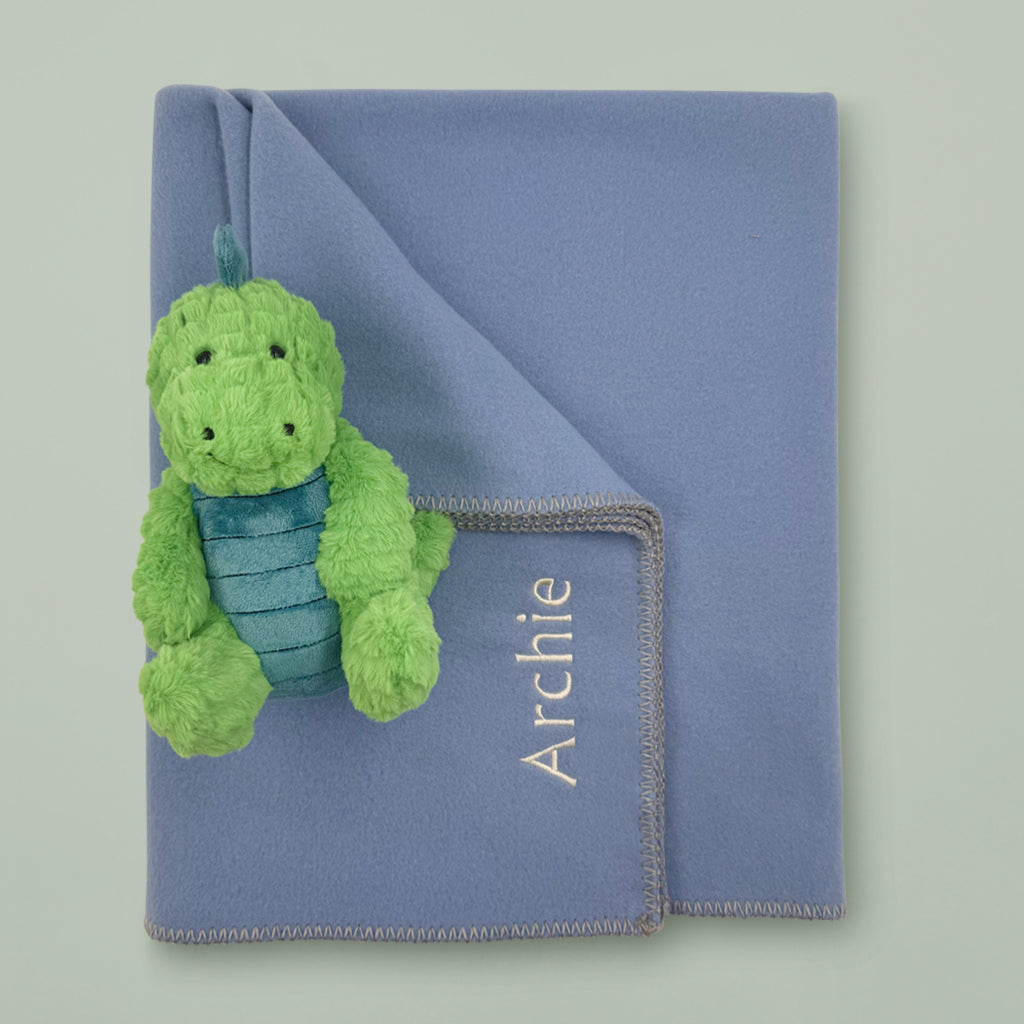 Personalised Blue Fleece Blanket with Steiff Dinosaur Soft Toy