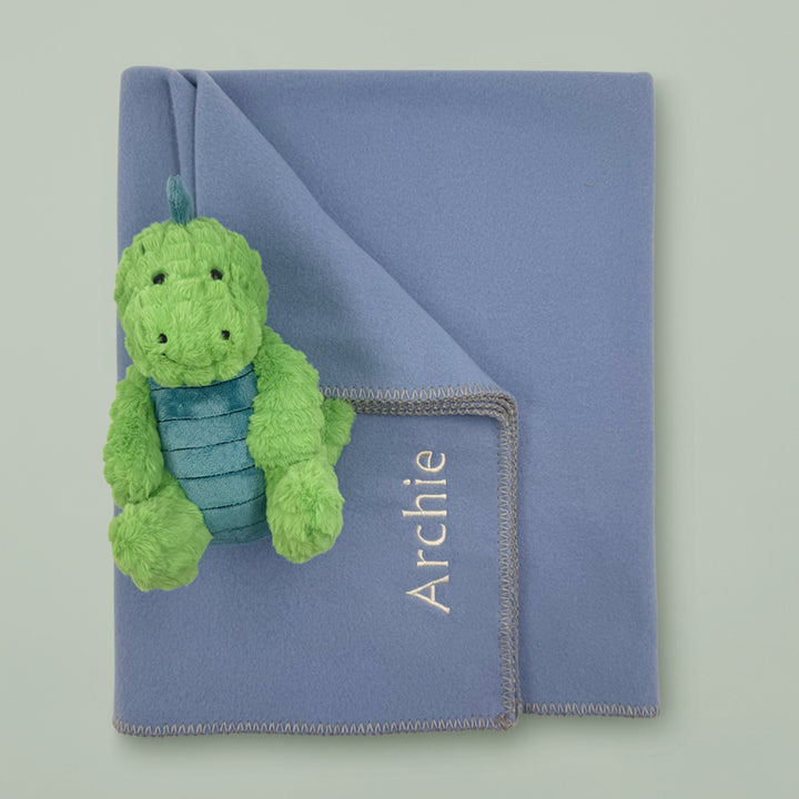 Personalised Blue Fleece Blanket with Steiff Dinosaur Soft Toy