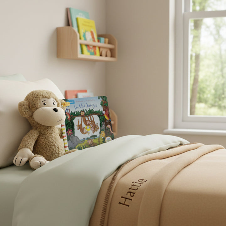 Steiff Brownie Monkey with In The Jungle Board Book and Personalised Fleece Blanket 