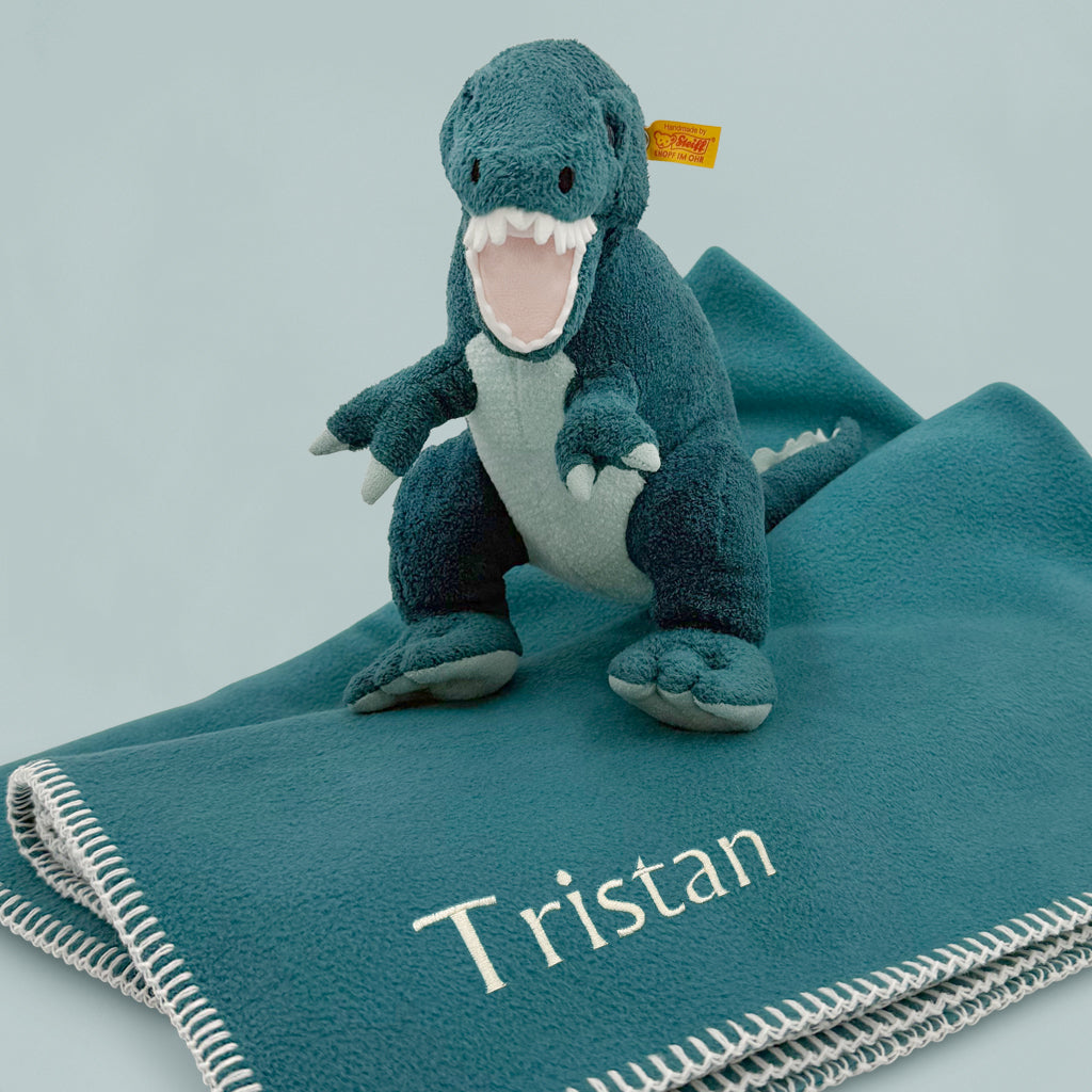 Personalised Teal Fleece Blanket with Steiff Thaisen T-Rex Soft Toy