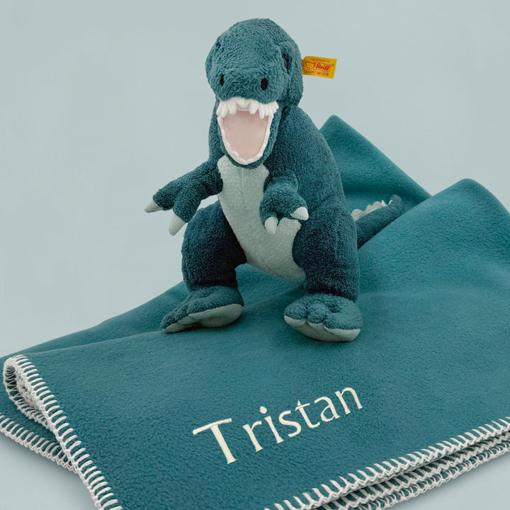 Personalised Teal Fleece Blanket with Steiff Thaisen T-Rex Soft Toy