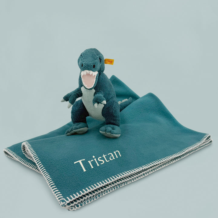 Steiff Plush Dinosaur Soft Toy with Personalised Teal Fleece Blanket Gift Set