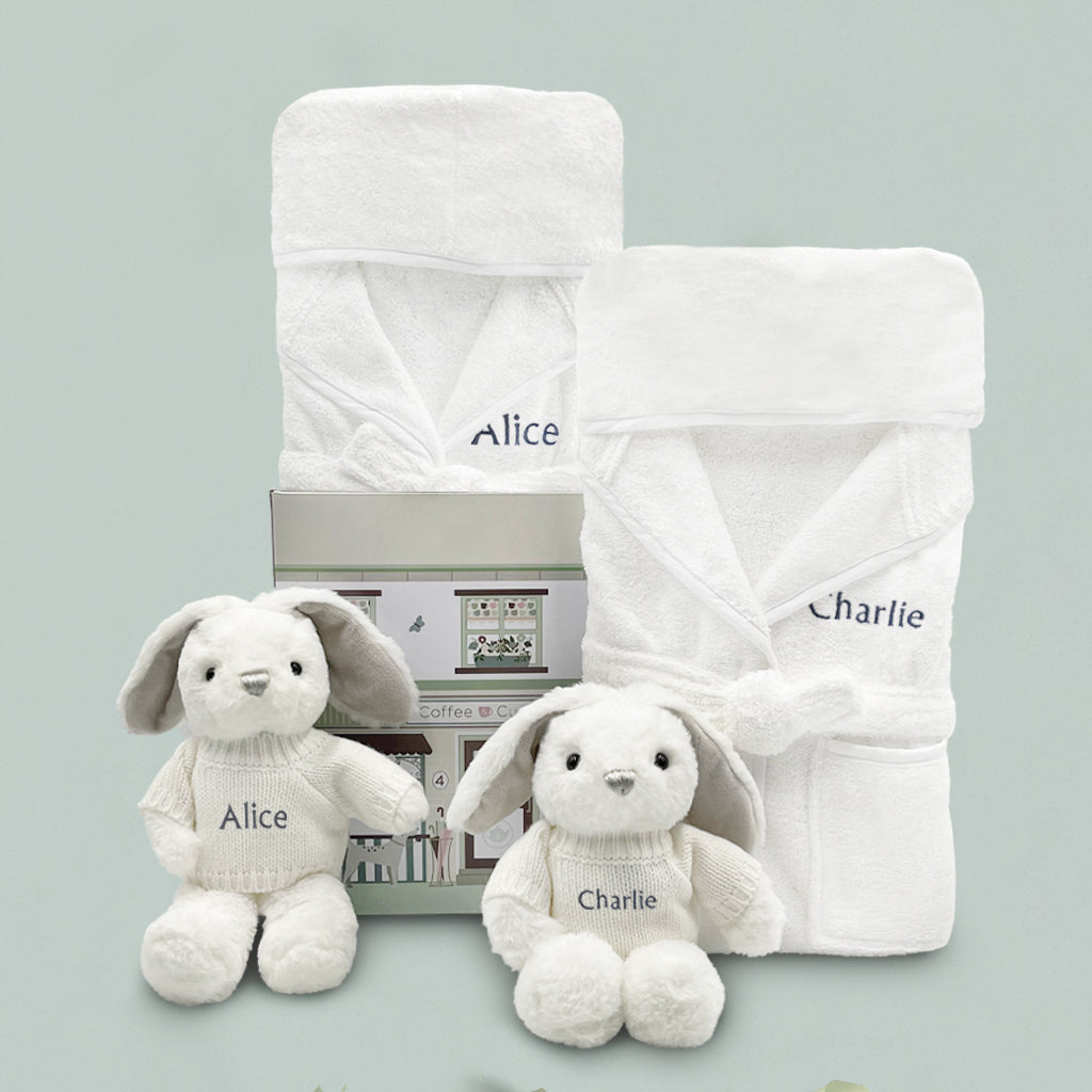 Personalised Twin Bunny Bathrobe Hamper Gifts for Twins Babyblooms