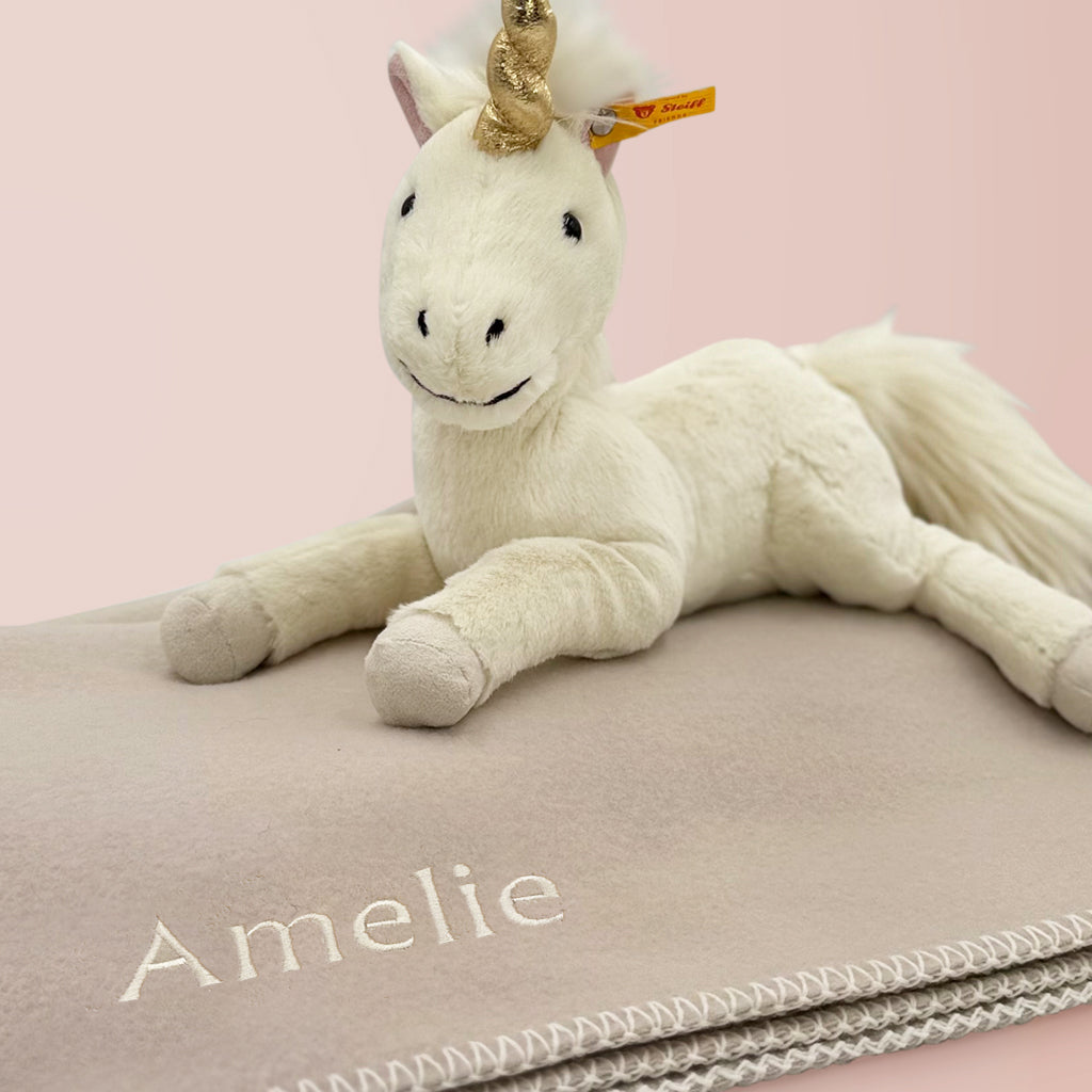 Plush Unicorn Soft Toy with Personalised Neutral Fleece Blanket 