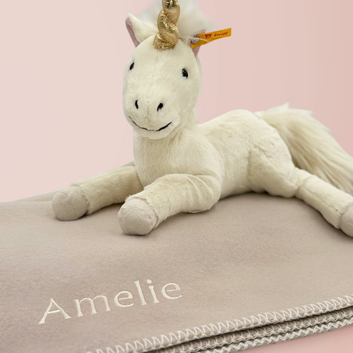 Plush Unicorn Soft Toy with Personalised Neutral Fleece Blanket 