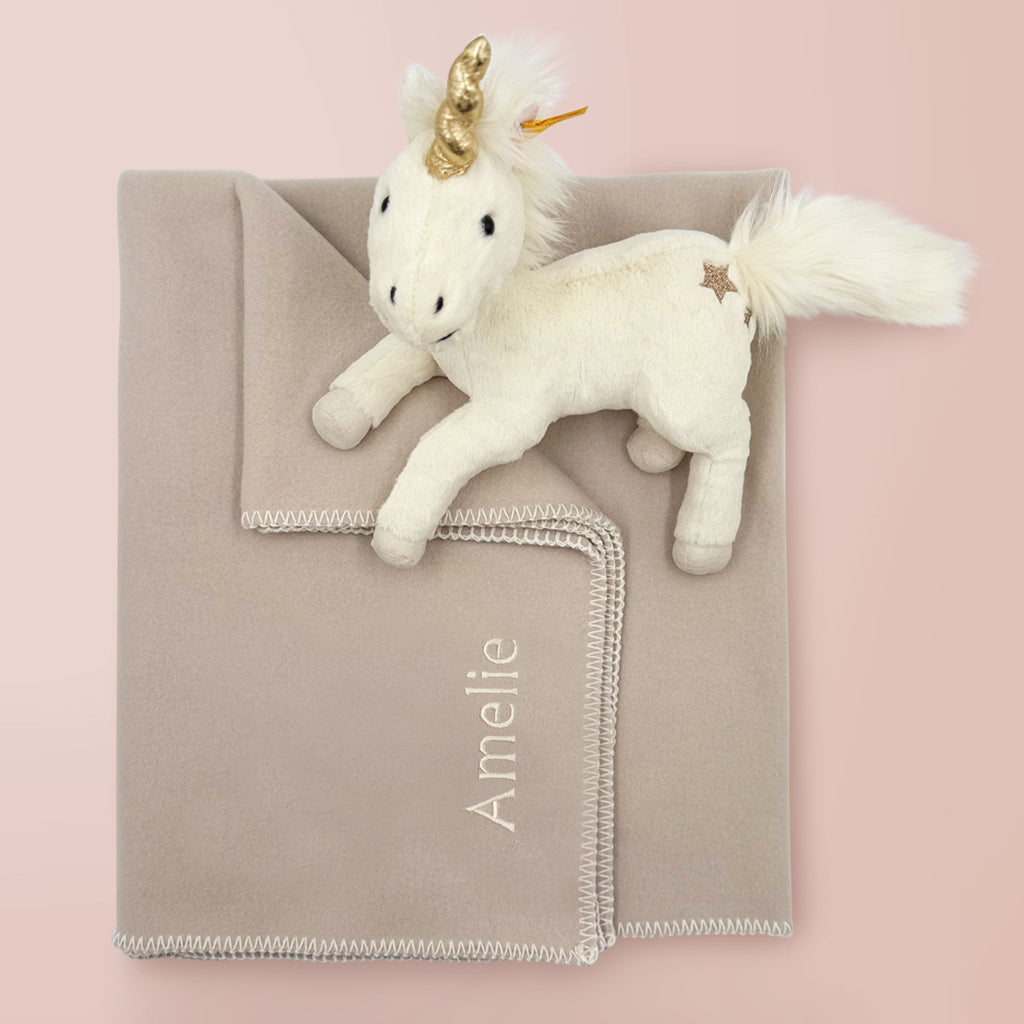 Plush Unicorn Soft Toy with Personalised Beige Fleece Blanket 