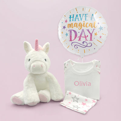 First Birthday Goft Unicorn Soft Toy With Personalised Pyjamas And Birthday Balloon