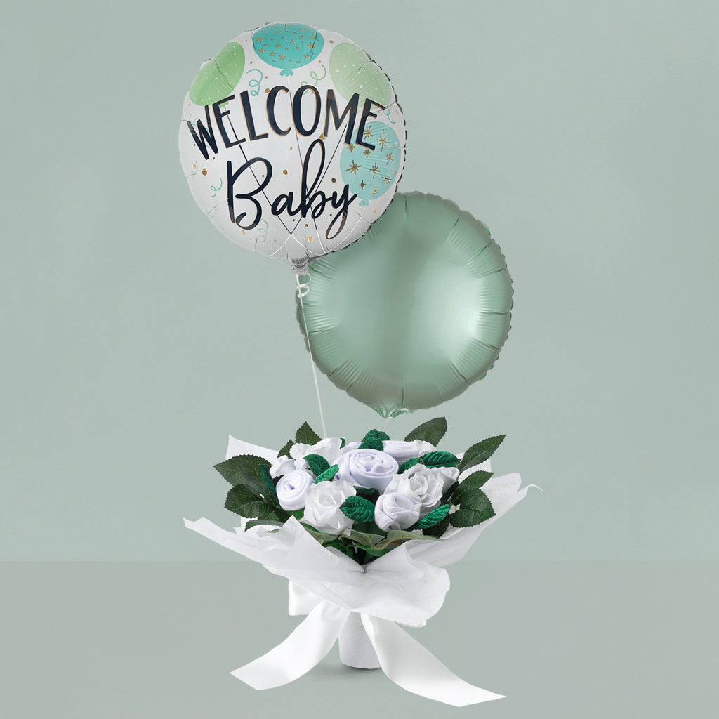 Hand Tied Baby Clothes Bouquet with Welcome Baby Balloon
