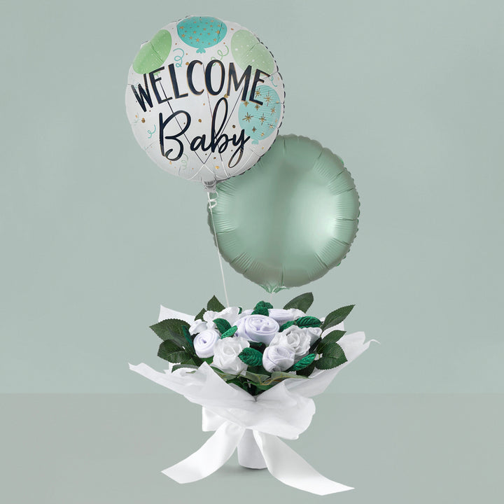 Hand Tied Baby Clothes Bouquet with Welcome Baby Balloon