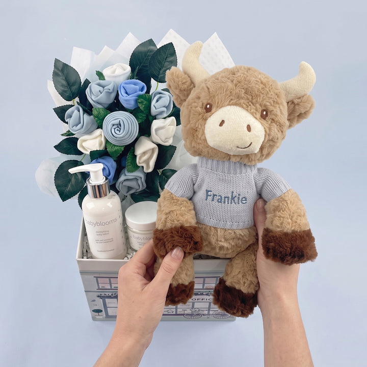 Personalised Harriet Highland Cow Welcome Baby Hamper, Blue