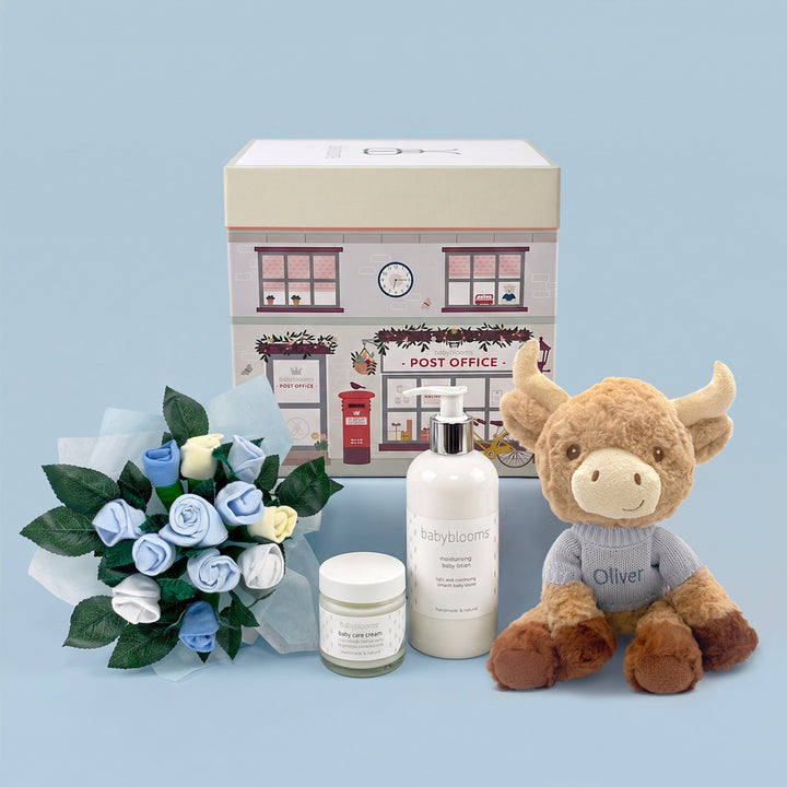 Personalised Harriet Highland Cow Welcome Baby Hamper, Blue