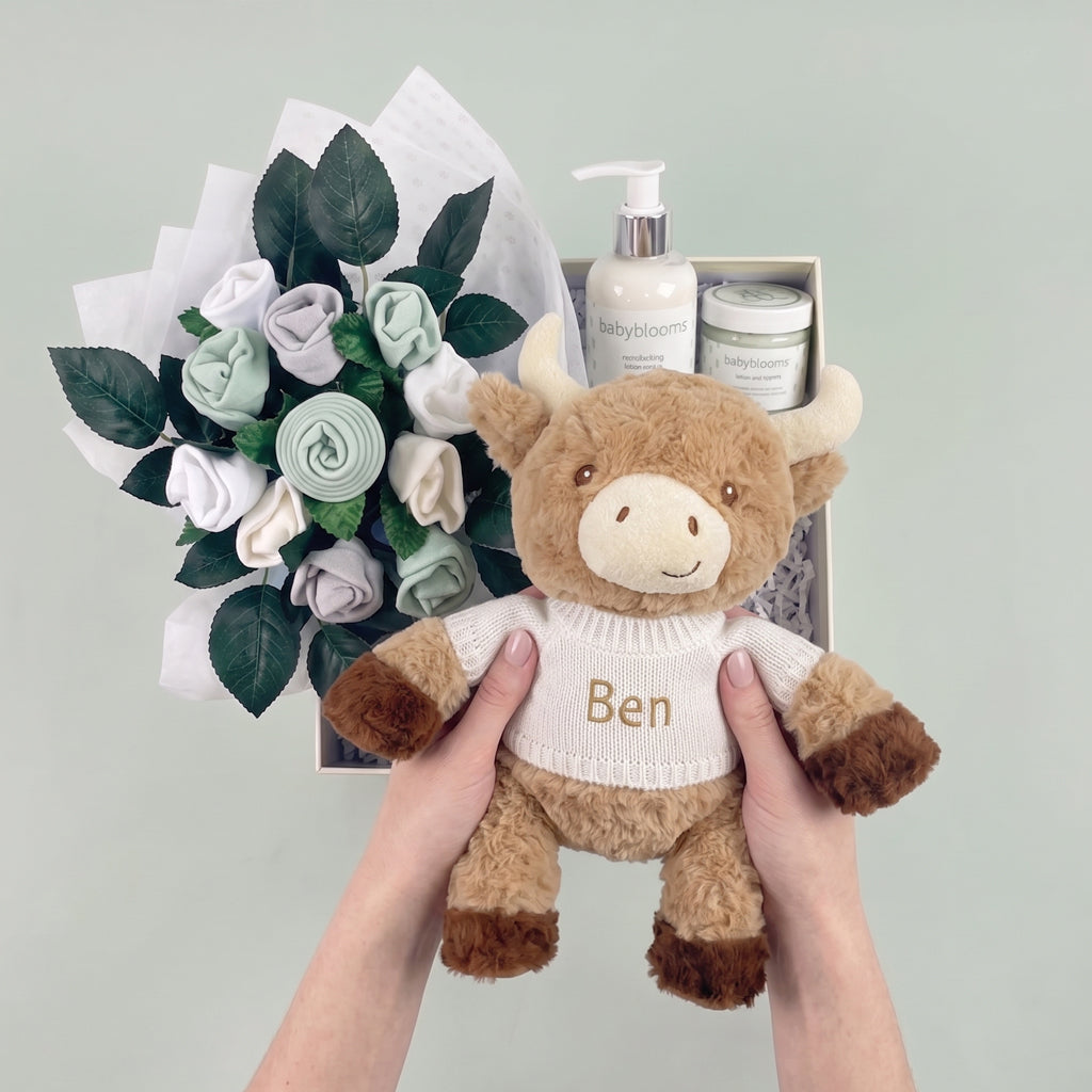 Personalised Harriet Highland Cow Welcome Baby Hamper, Neutral