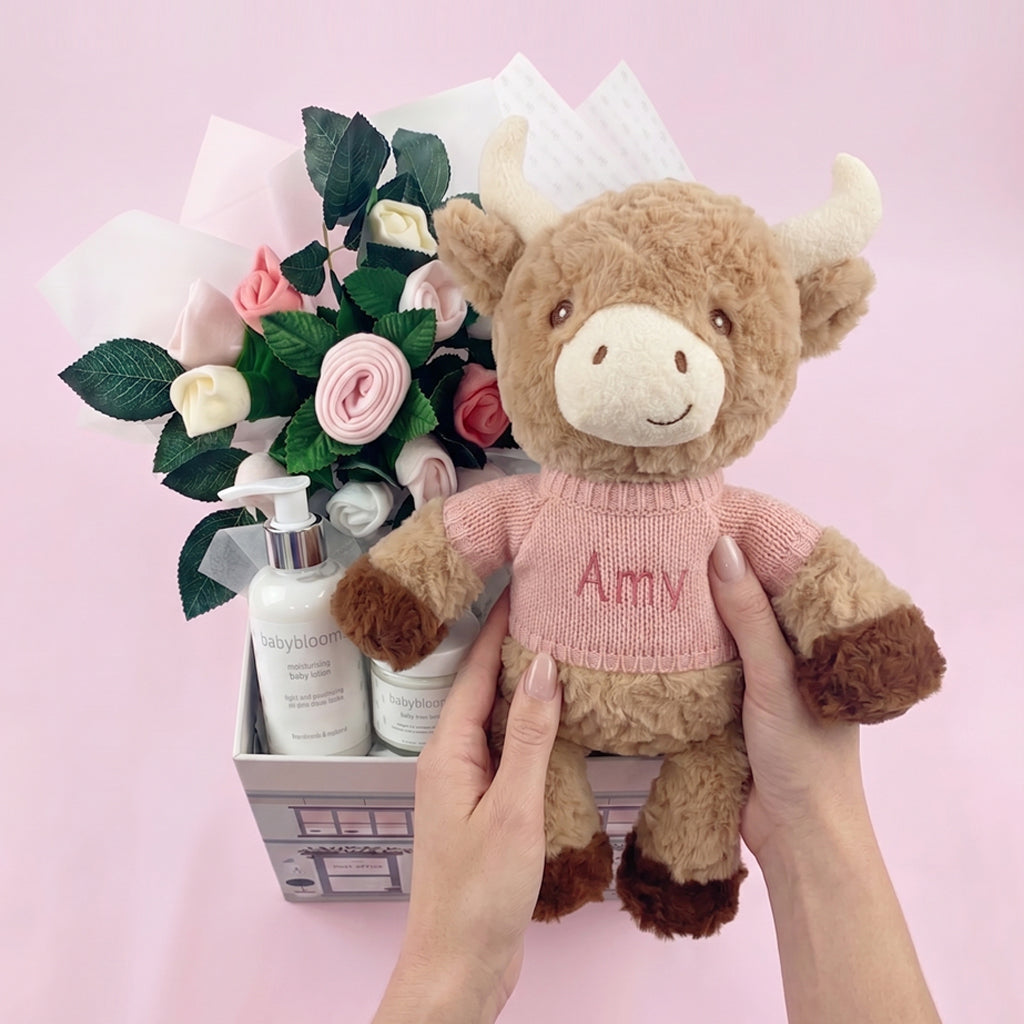 Personalised Harriet Highland Cow Welcome Baby Hamper, Pink