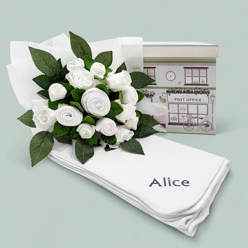 White Baby Clothes Bouquet with Personalised Baby Wrap