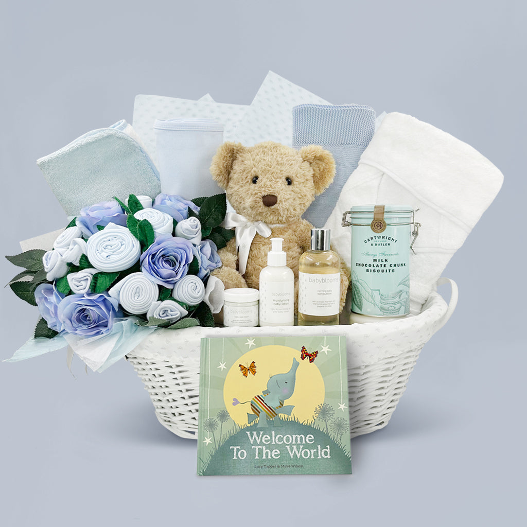 Luxury New Baby Boy Gift Welcome To The World Hamper Blue