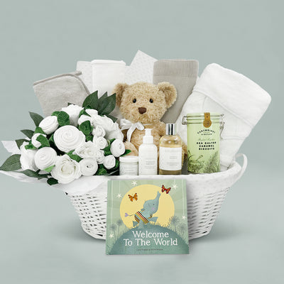 Luxury New Baby Boy Gift Welcome To The World Hamper White