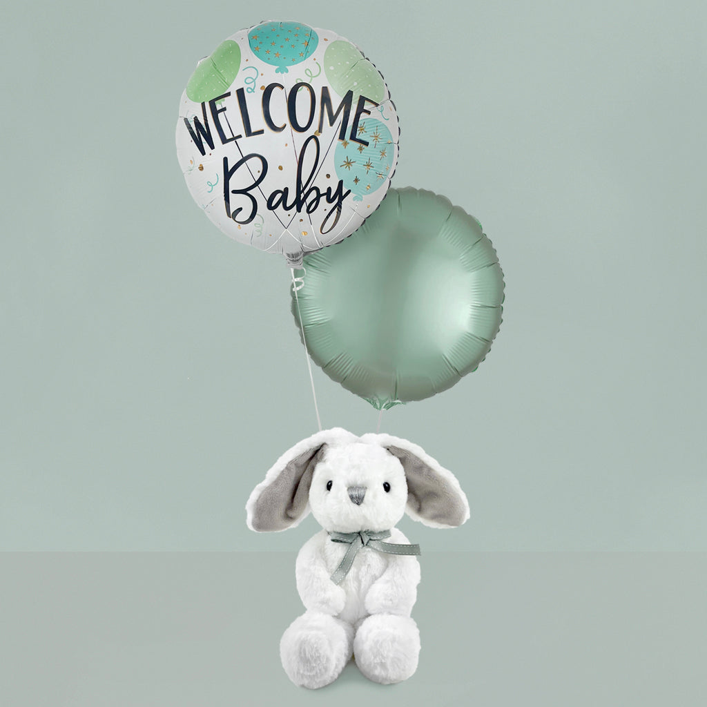 Little Grey Bunny Soft Toy with Welcome Baby Balloons
