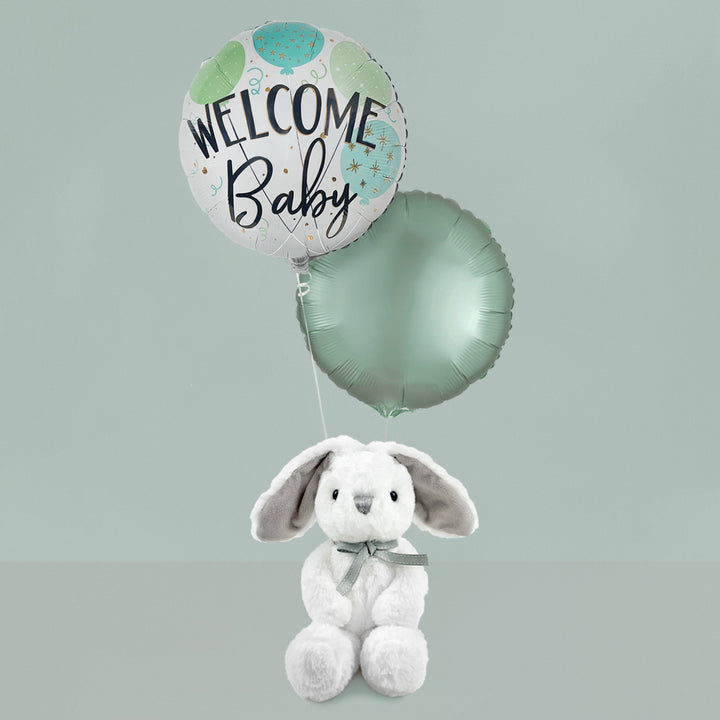 Little Grey Bunny Soft Toy with Welcome Baby Balloons