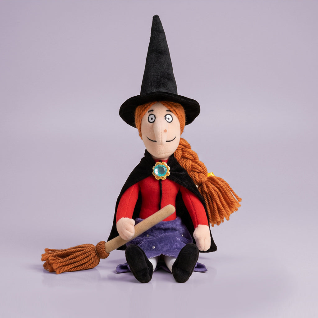 Witch with Broom Soft Toy and Room on the Broom Storybook with Personalised Fleece Blanket