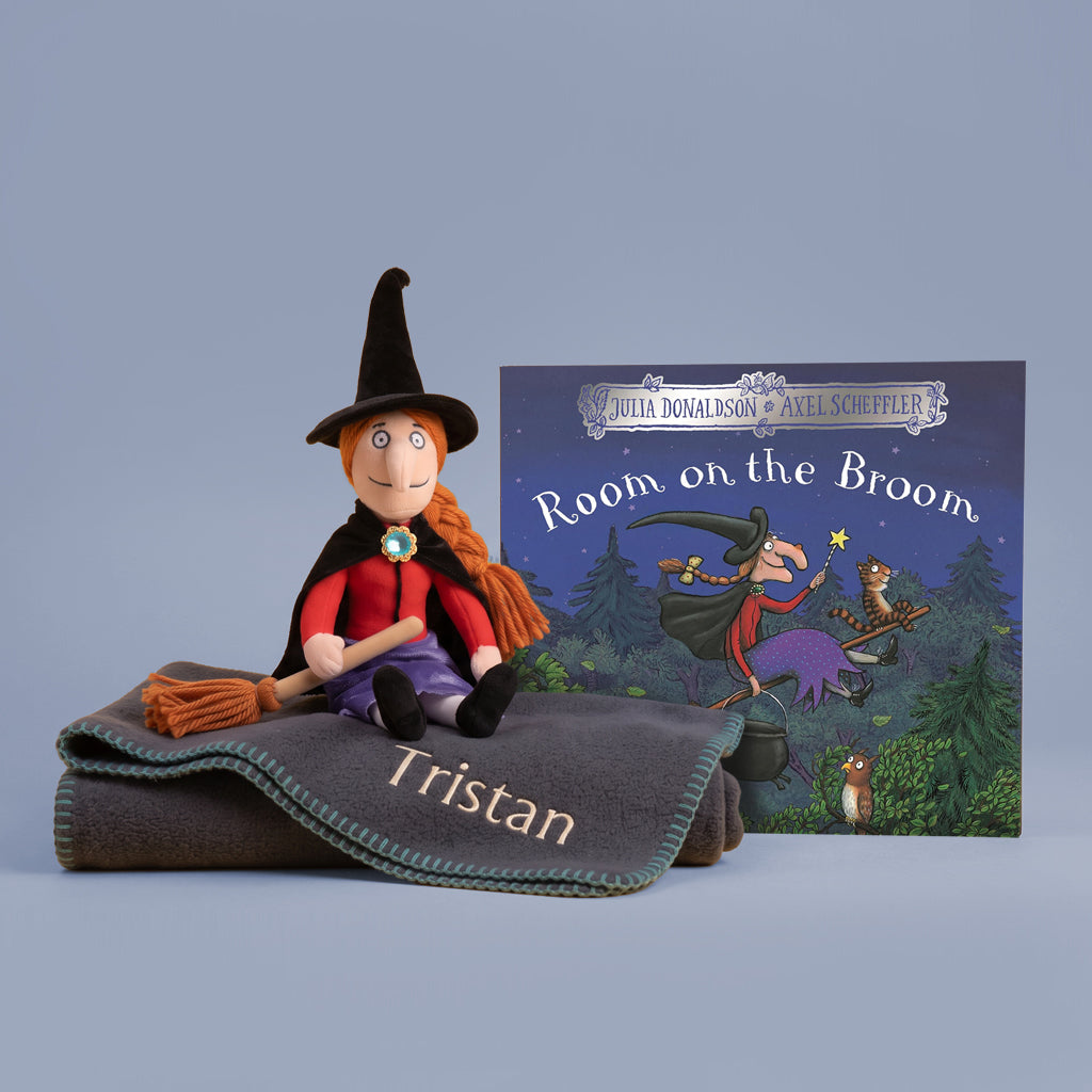 Witch with Broom Soft Toy and Room on the Broom Storybook with Personalised Fleece Blanket