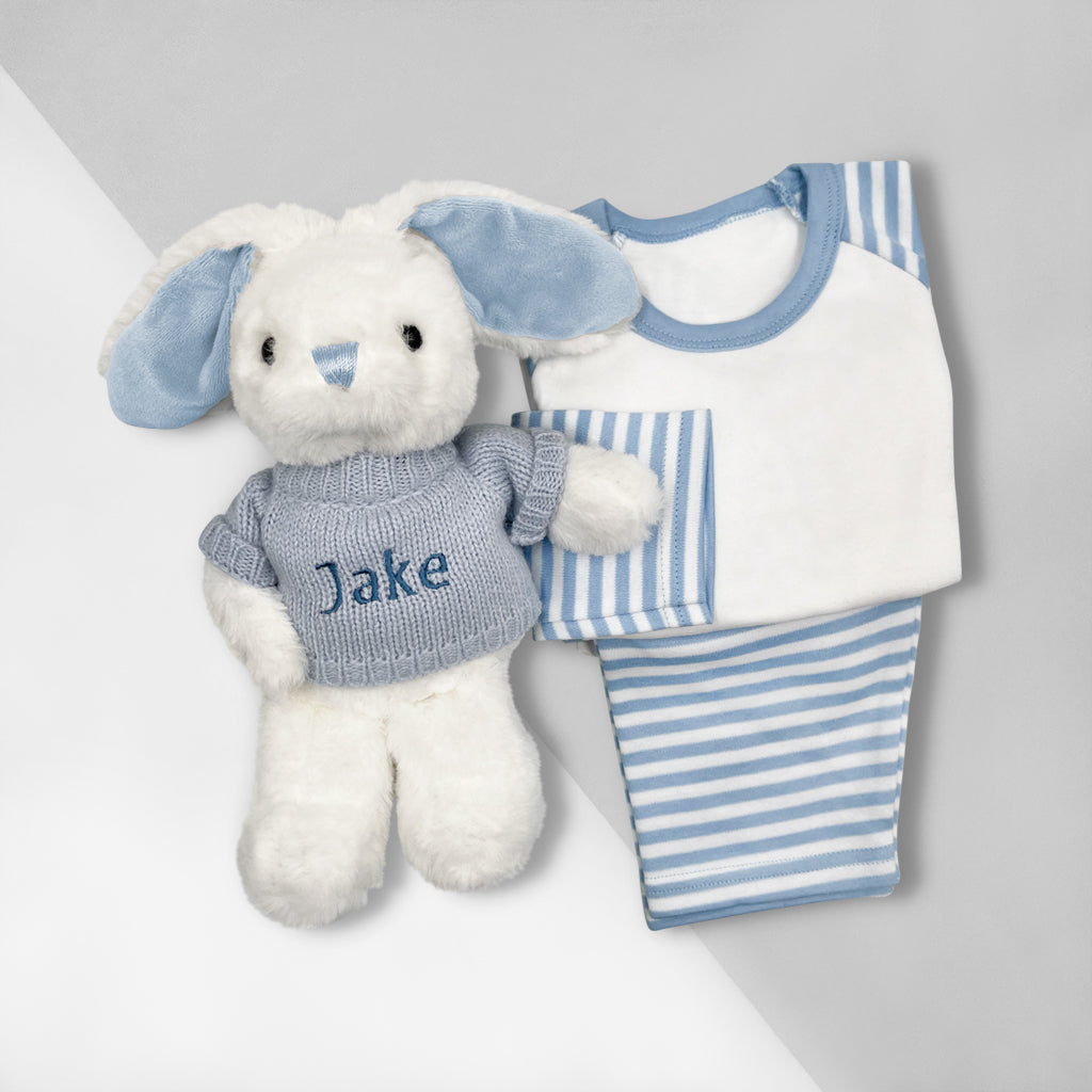 Little Bunny Bath and Bedtime Hamper, Blue - 6-12 Months with White Personalised Bathrobe
