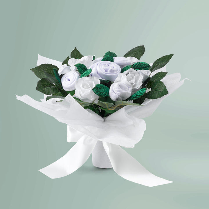 Hand Tied Baby Clothes Bouquet and Personalised Bunny, White