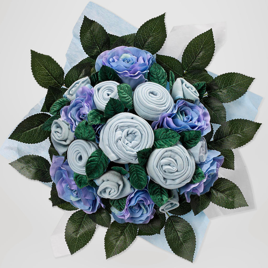Luxury Rose Baby Clothes Bouquet and Personalised Baby Towel- Blue