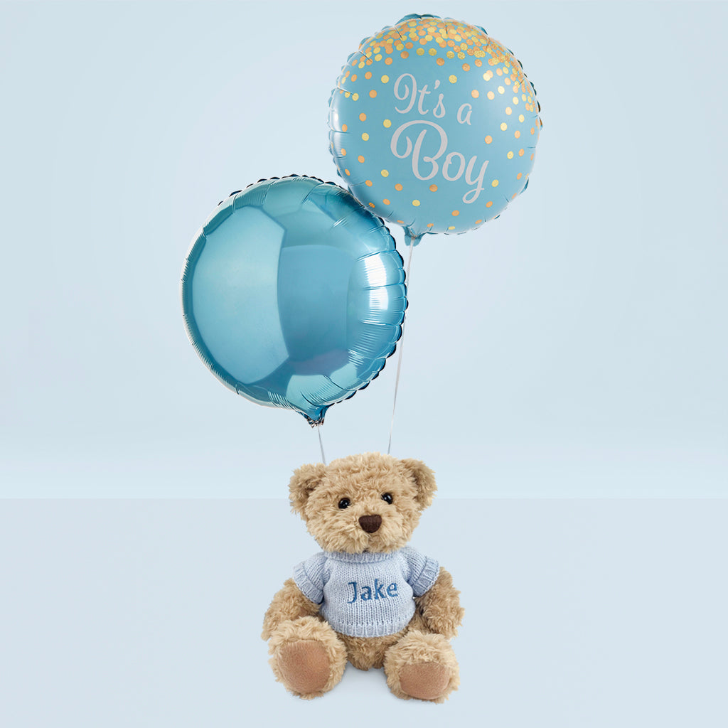 New Baby Gift Welcome Baby Boy Balloon Bouquet With Personalised Teddy Bear