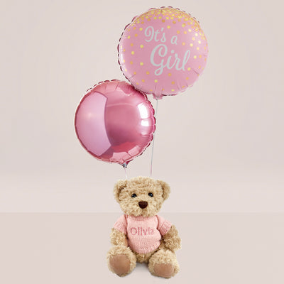 New Baby Gift Welcome Baby Girl Balloon Bouquet With Personalised Teddy Bear