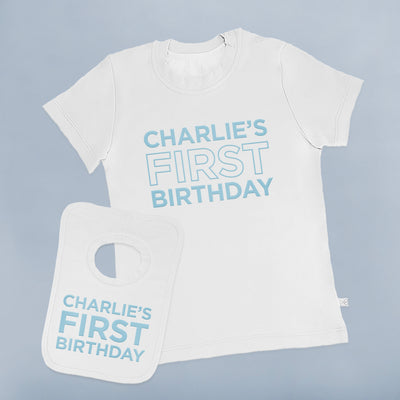 My First Birthday Short-Sleeved T-Shirt and Bib Set – Personalised