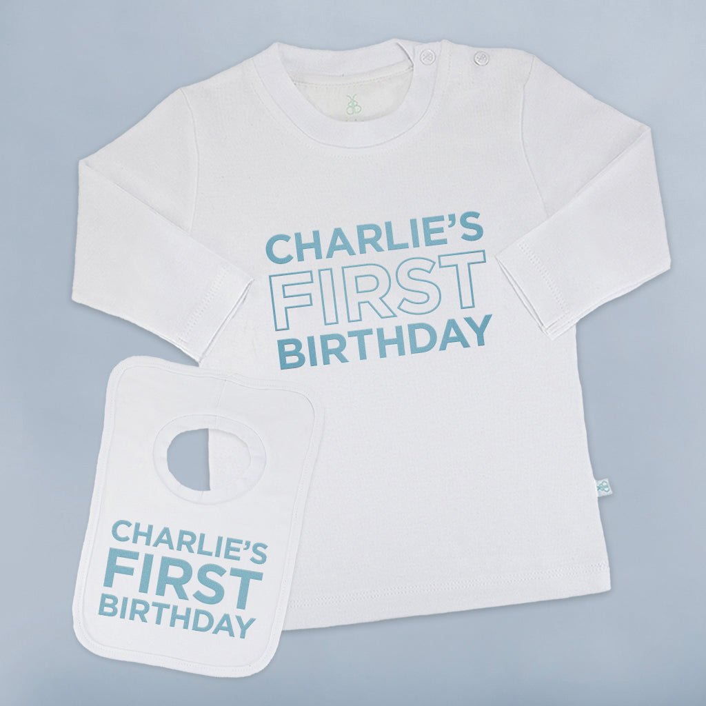 My First Birthday Long-Sleeved T-Shirt and Bib Set – Personalised