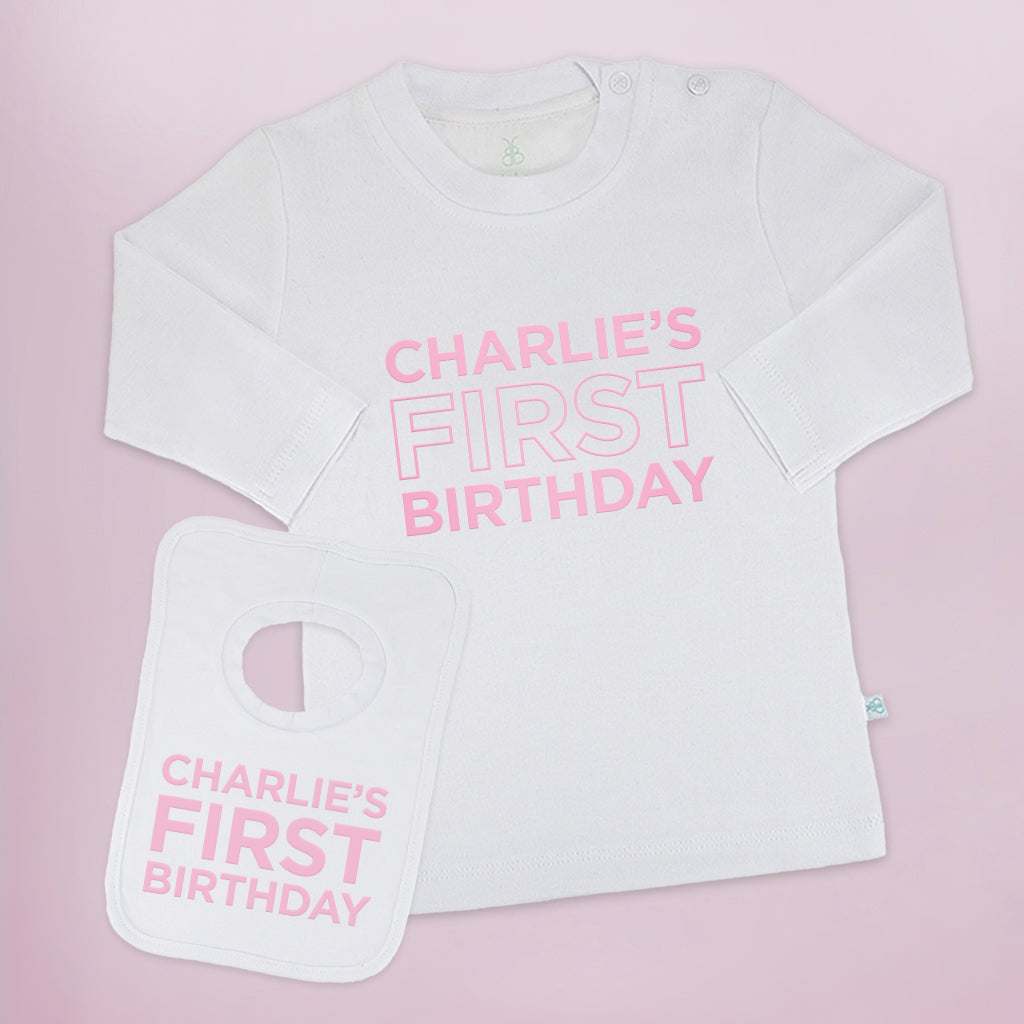 My First Birthday Long-Sleeved T-Shirt and Bib Set – Personalised