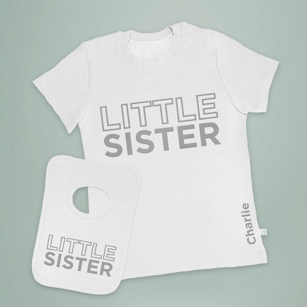 Personalised Little Sister Short-Sleeved T-Shirt and Bib Set