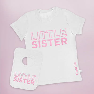 Sibling Gift Set Personalised Little Sister Short Sleeved T-Shirt And Bib-Set