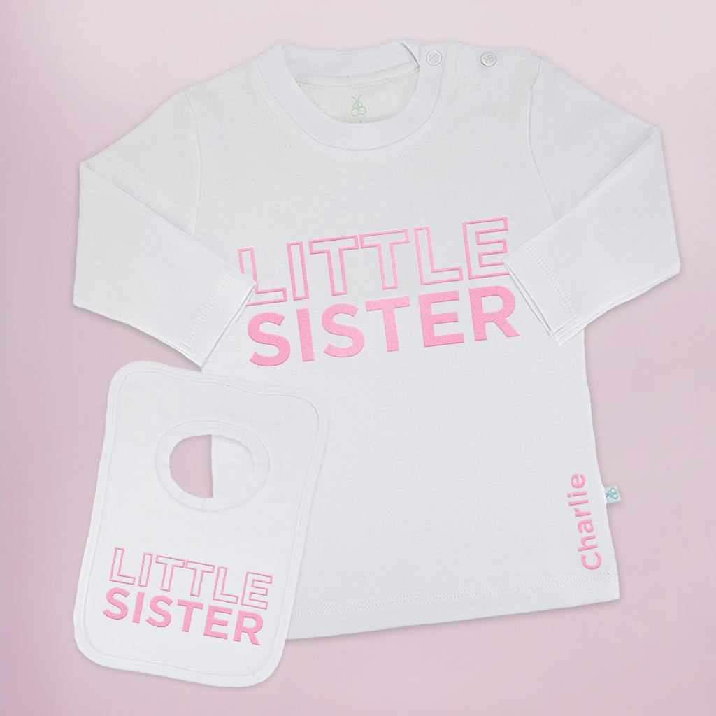 Sibling Gift Set Personalised Little Sister Long Sleeved T-Shirt And Bib-Set