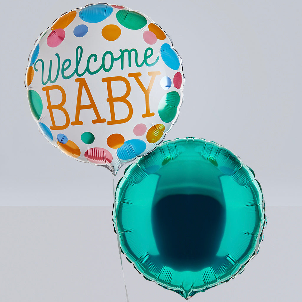 Welcome Baby Balloons with Hand-Tied Baby Clothes Bouquet