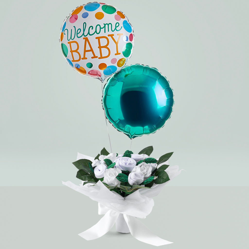 New Baby Gift Balloons With Hand Tied Baby Clothes Bouquet