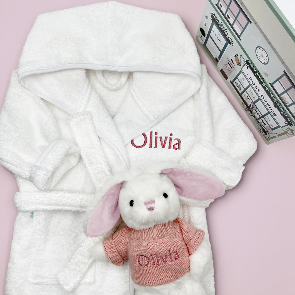 Little Bunny and Bathrobe Hamper, Pink 012 Months with White
