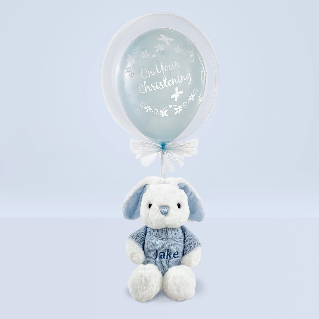 Christening Gift Of Balloon With Personalised Blue Bunny Soft Toy