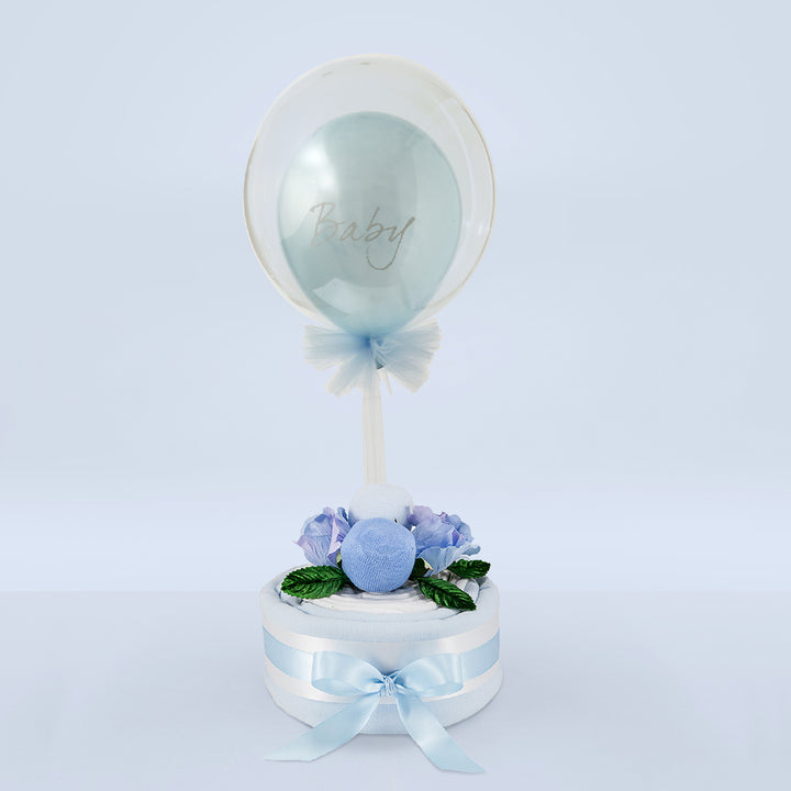 New Baby Boy Gift Balloon And Blue Muslin Cake
