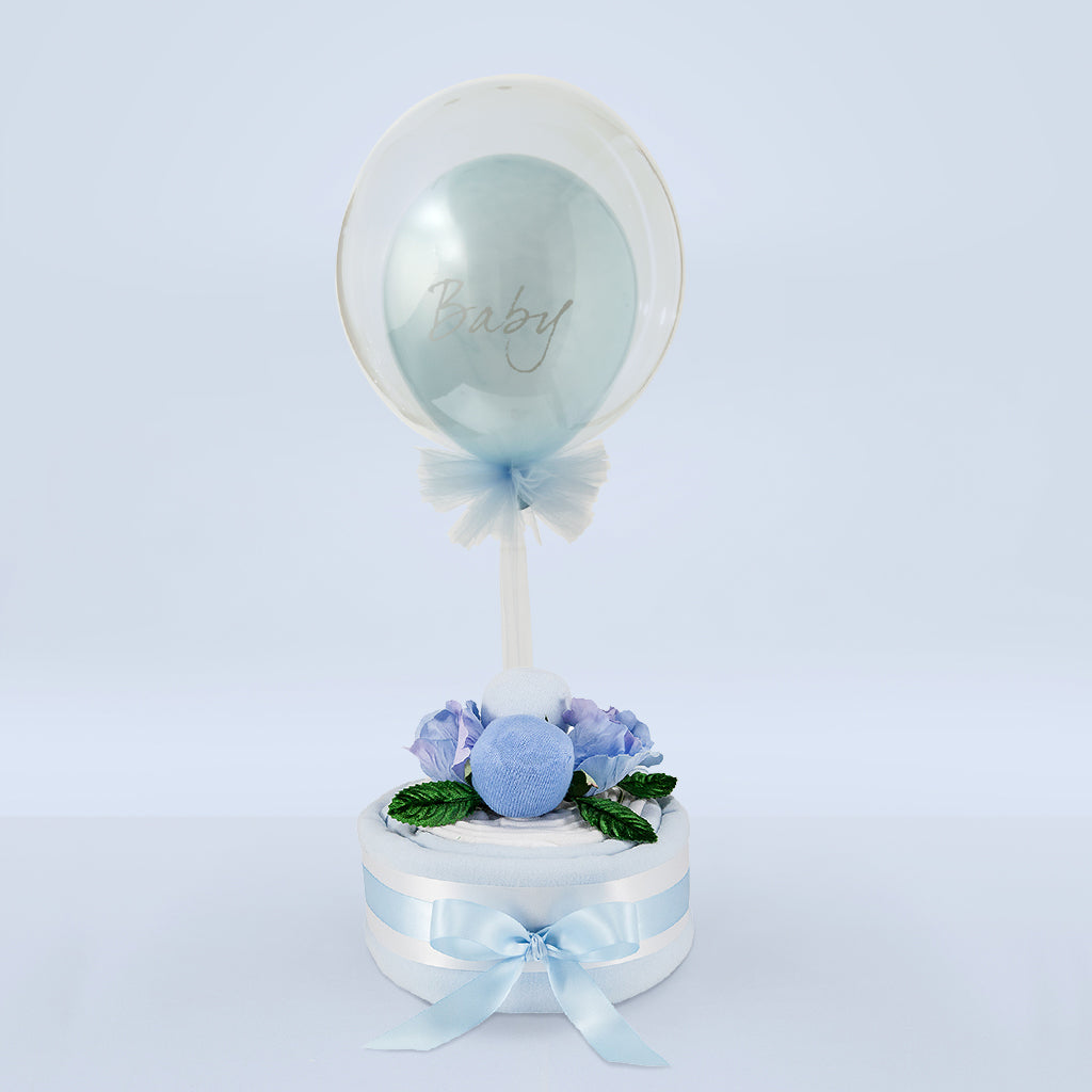New Baby Boy Gift Balloon And Blue Muslin Cake