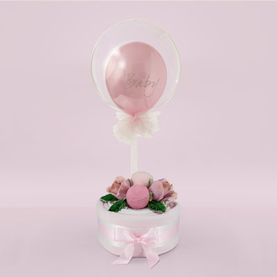 New Baby Girl Gift Balloon And Pink Muslin Cake