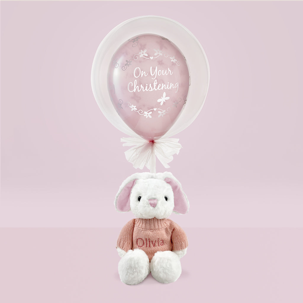 Christening Gift Of Balloon With Personalised Pink Bunny Soft Toy